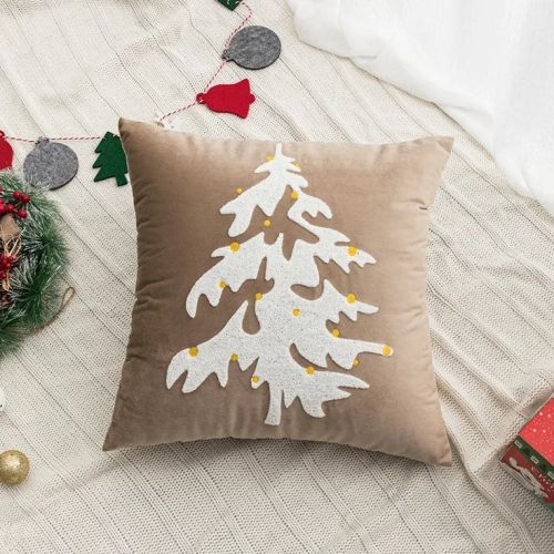 Brown Swed Fabric Christmas Treen Embroidered Cushion Cover