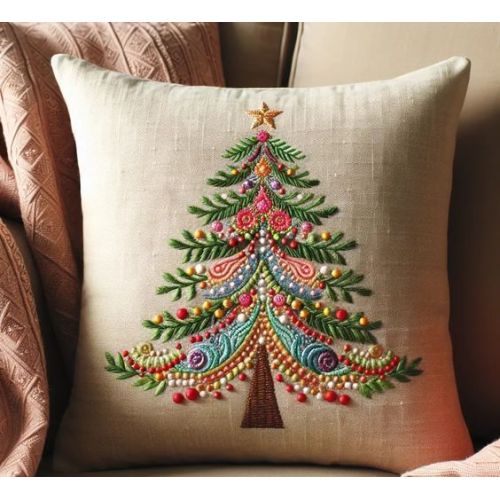 Handmade Christmas Tree Embroidered Cotton Cushion Cover