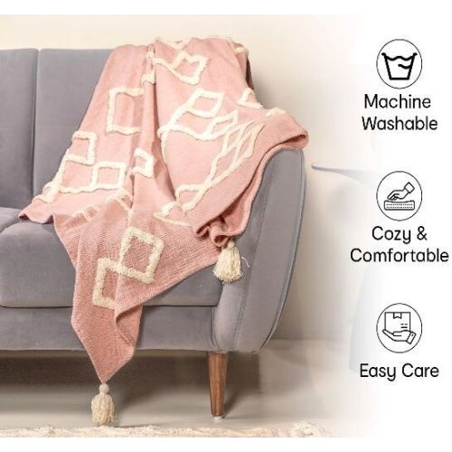 Pink Cotton Tufted Throw Blanket