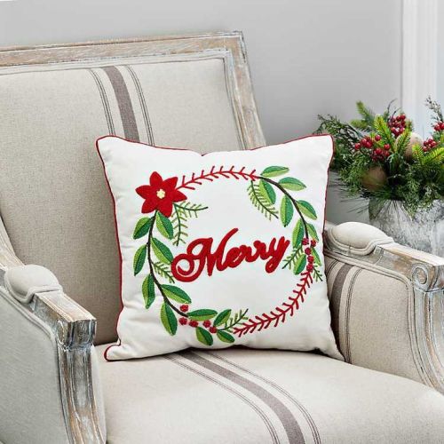 Red Merry Christmas Embroidered Cushion Cover