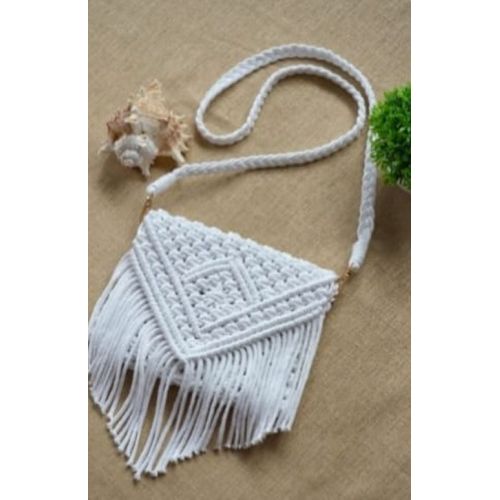 Whie  Cotton Macrame Cross Body Bag