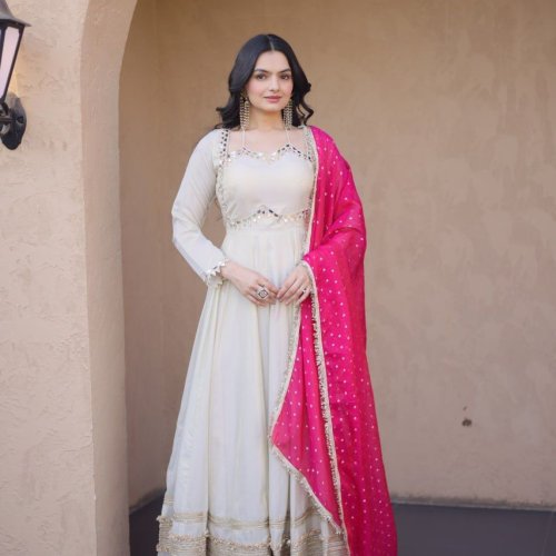 Designer Cosmos Fabric Gown With Dupatta Set
