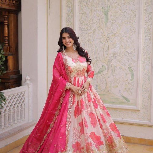 Fancy V Neck Embroidered Russian Silk Gown Set