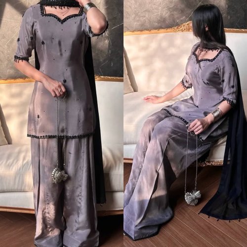 Grey Crepe Silk Farshi Salwar Set