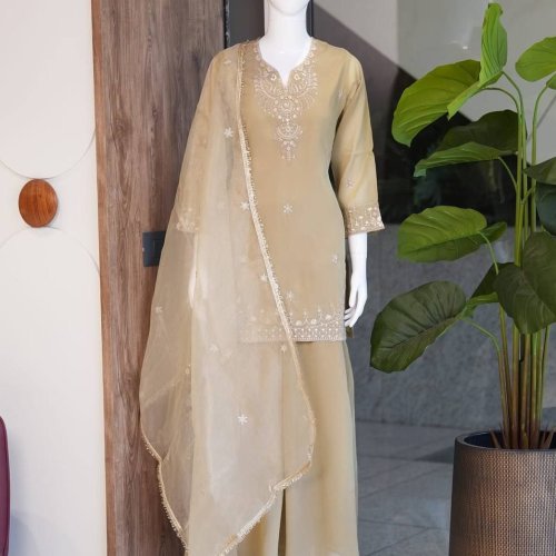 Light Beige Cosmos Fabric Palazzo Suit Set
