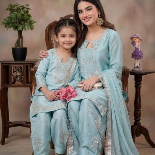 Mother Daughter Sky Blue Roman Silk Plazzo Set