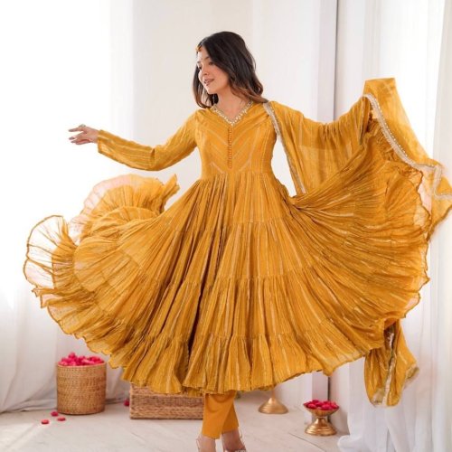 Mustard Yellow Chanderi Ruffle Gown Set