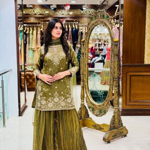 Olive Green Sequins Work Fendy Silk Palazzo Set