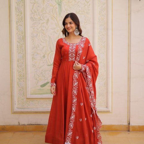 Orange Designer Russian Silk Gown Dupatta Set