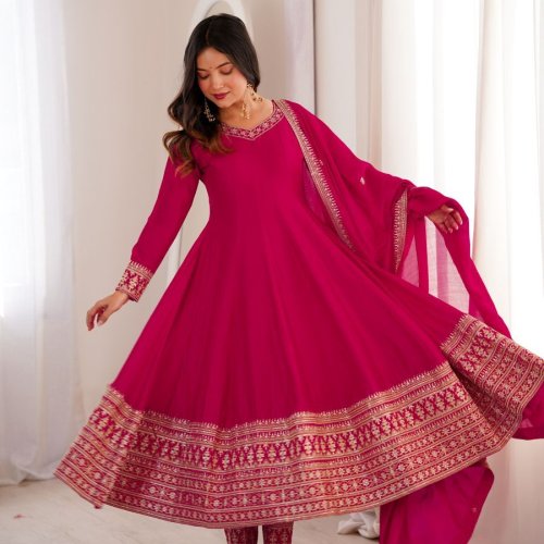 Pink Designer Blooming Vichitra Anarkali Set