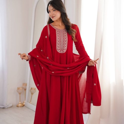 Red Designer Vichitra Silk Anarkali Set