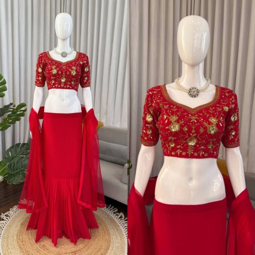 Red Faux Georgette Lehenga Choli Set