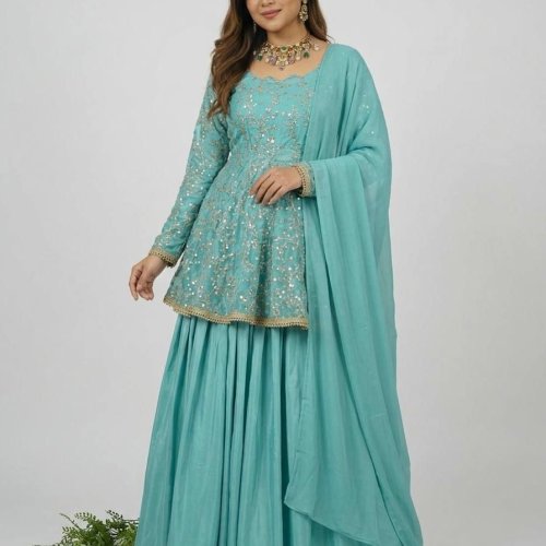 Turquoise Blue Fancy Silk Lehenga Set