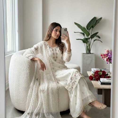 White Crunchy Silk Top Palazzo Dupatta Set
