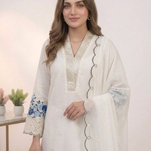 White Embroidered Mal Chanderi Suit Set