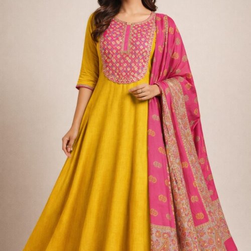 Mustard Embroidered A-Line Silk Kurta Suit Set