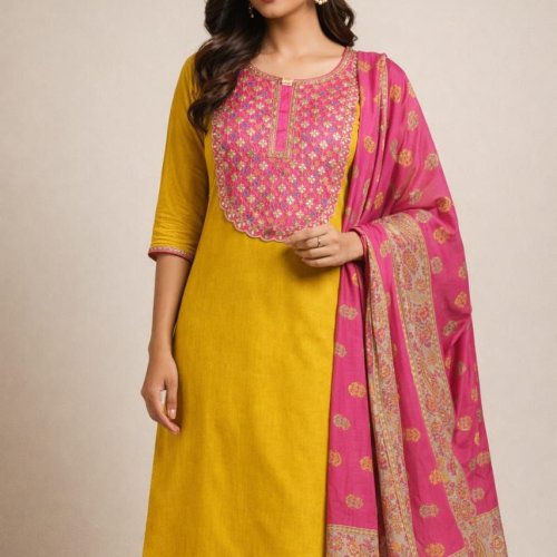 Women Yellow Embroidered Straight Kurtas Set