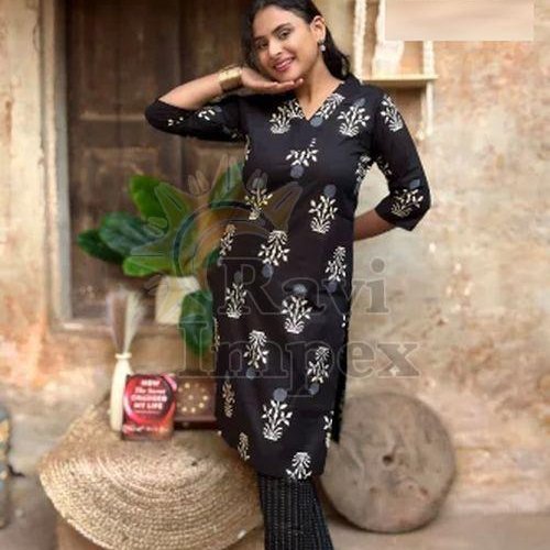 Black Ladies Printed Kurti Pant Set