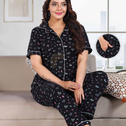 Black Printed Cotton Ladies Night Suit