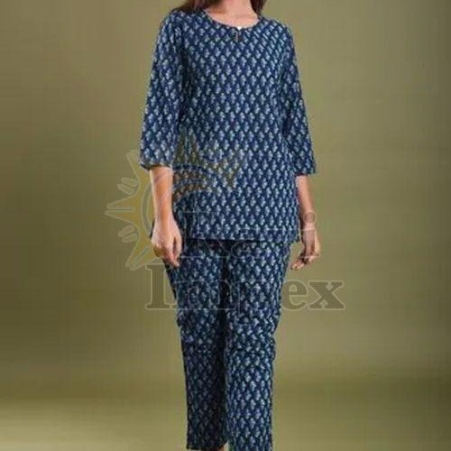 Blue Printed Cotton Ladies Night Suit