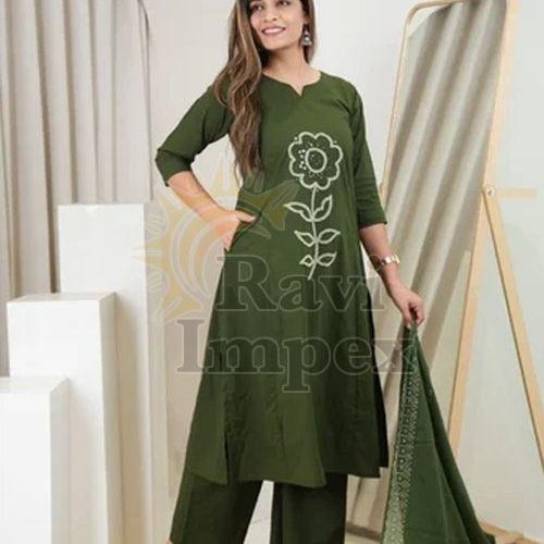 Green Cotton Ladies Kurti Pant Set