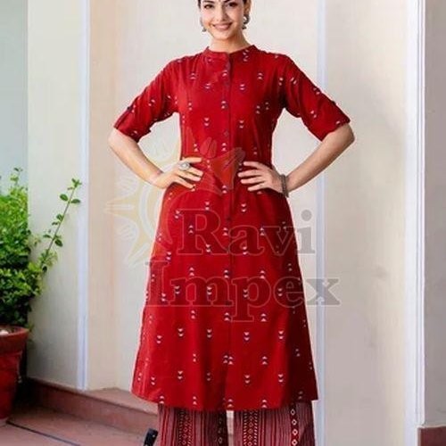 Red Cotton Ladies Kurti Pant Set