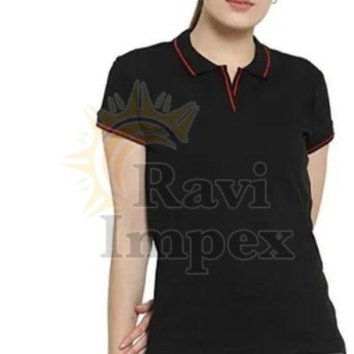 Solid Black Ladies Polo T-Shirt