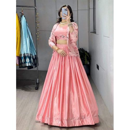 Beautiful Pink Chinon Embroidered Pattern Work Lehenga Choli Set