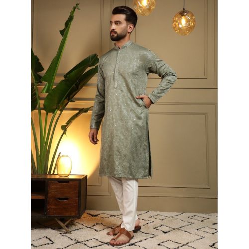 Embroidery Mirror Work Olive Green Heavy Khadi Cotton Kurta Pyjama