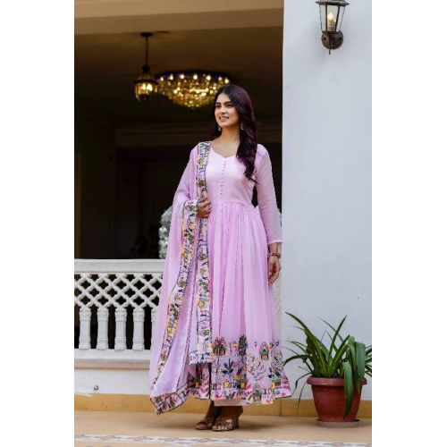 Georgette Embroidered Pink Anarkali Suit With Dupatta