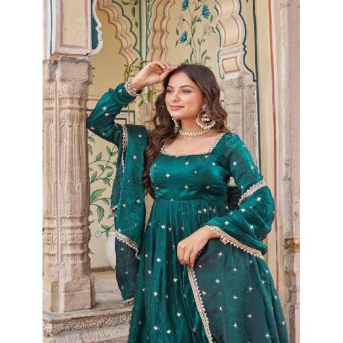 Green Soft Heavy Fendi Silk Embroidered Anarkali Suit With Dupatta