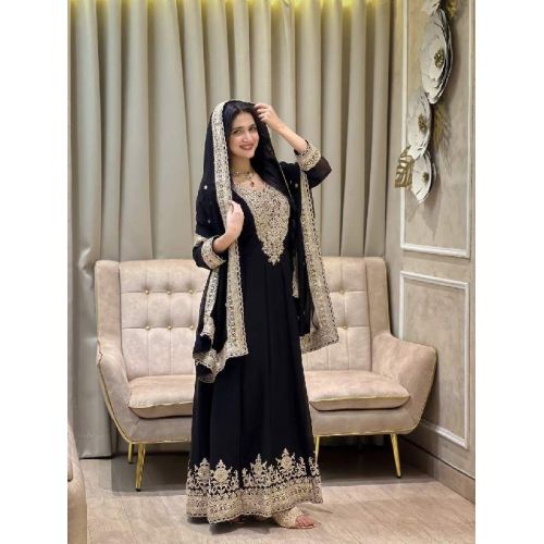 Ladies Black Georgette Heavy Embroidery Sequence Work Anarkali Gown