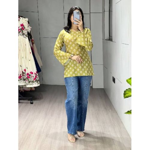 Ladies Cambric Cotton Floral Printed Golden Yellow Short Kurti