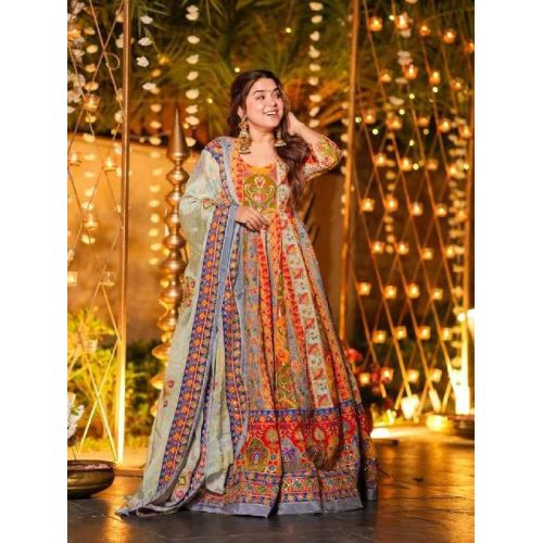 Ladies Chinon Silk Digital Print Anarkali Gown with Mirror Work