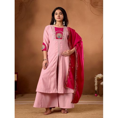 Ladies Heavy Embroidery Work Roman Silk Palazzo Suit