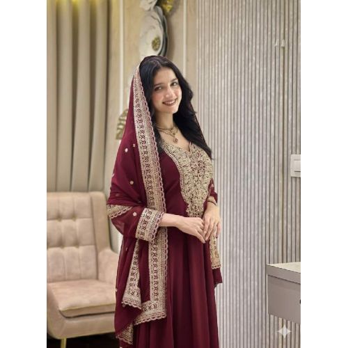 Ladies Maroon Georgette Heavy Embroidery Sequence Work Anarkali Gown