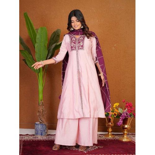 Ladies Roman Silk Embroidery Palazzo Suit