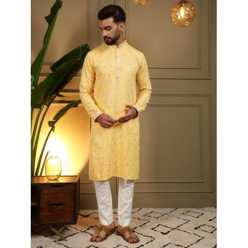Light Yellow Heavy Khadi Cotton Embroidered Kurta Pyjama