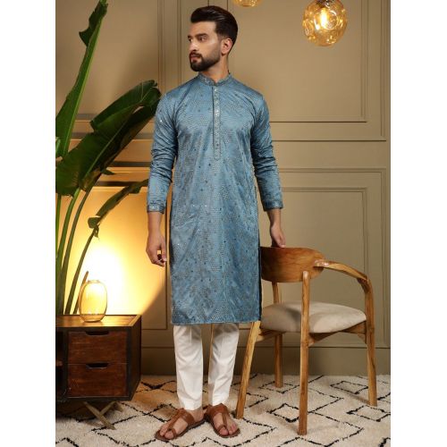 Teal Blue Heavy Khadi Cotton Embroidered Kurta Pyjama
