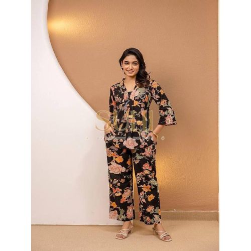Black Flower Printed Cotton Co-ord Set