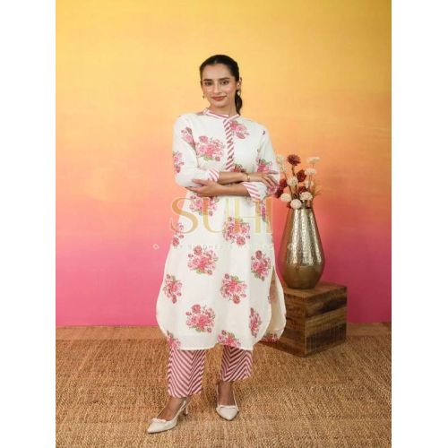Gul Noor White and Pink Floral Printed Cotton Kurti Set