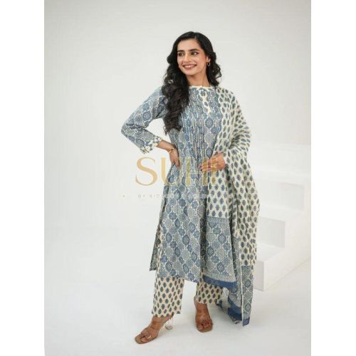 Ladies Blue and White Printed Cotton Kurti Pant Set with Dupatta