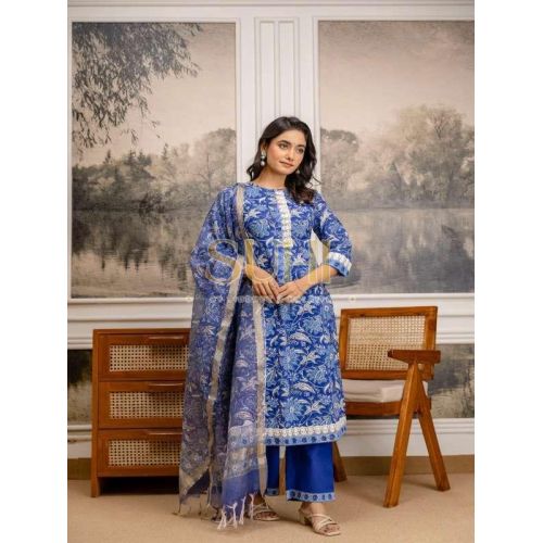 Ladies Blue Chanderi Block Print Kurti Set with Dupatta