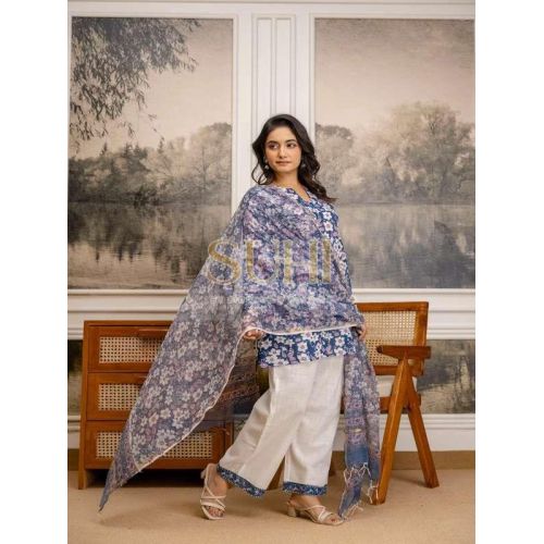 Ladies Blue Phulkari Cotton Flex Printed Kurti Set with Dupatta