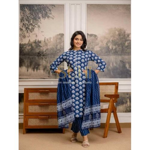 Ladies Indigo Blue Cotton Printed Kurti Set with Dupatta