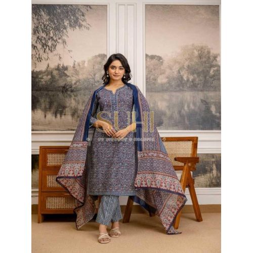 Ladies Indigo Blue Floral Printed Pure Cotton Kurti Set with Dupatta