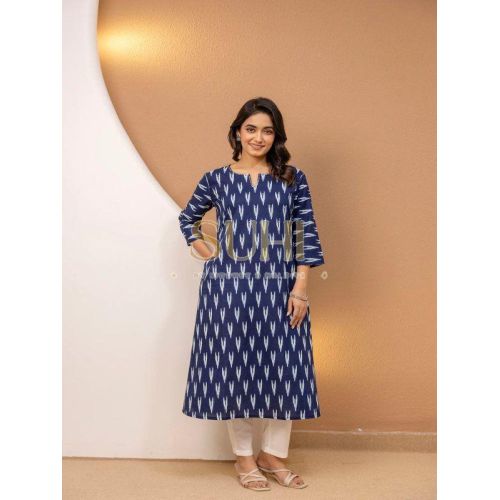 Ladies Navy Blue Ikkat Printed Cotton Kurti Set