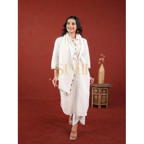 Ladies Plain White Cotton Flex Kurti Set