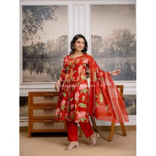Ladies Red Gulmohar Flower Printed Cotton Kurti Set with Dupatta