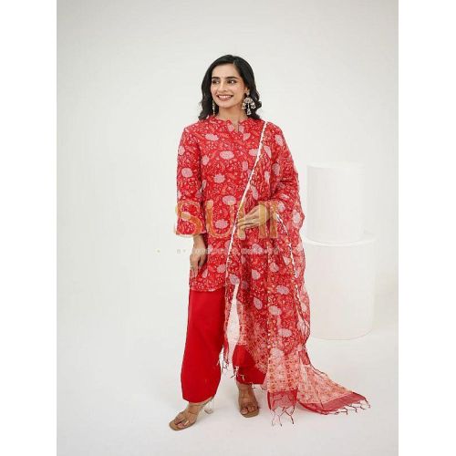 Ladies Red Printed Kota Doria Kurti Set with Dupatta